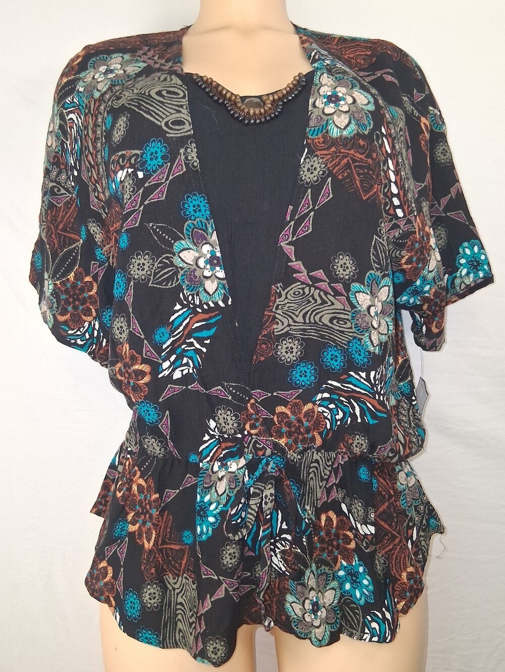 Sag Harbor Black Floral Tie-Waist Short Sleeve Tunic Sz M